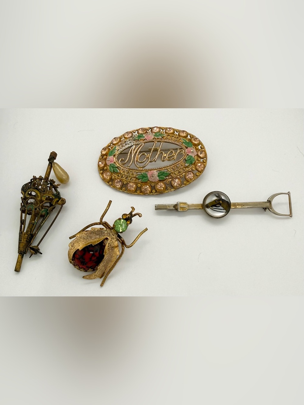 Vintage Antique Gold Filled Brooch pin lot Essex Rock Crystal Horse Czech Glass